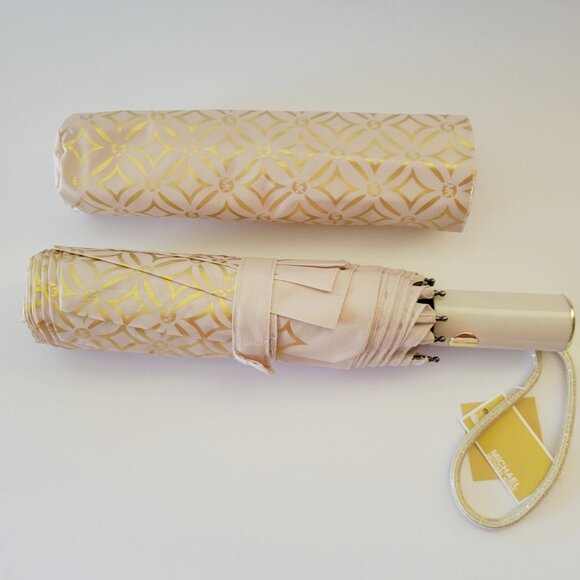 Michael Kors Travel Umbrella Push Button Folding Pale Gold Multi 35F4GTFN1M - Picture 5 of 5
